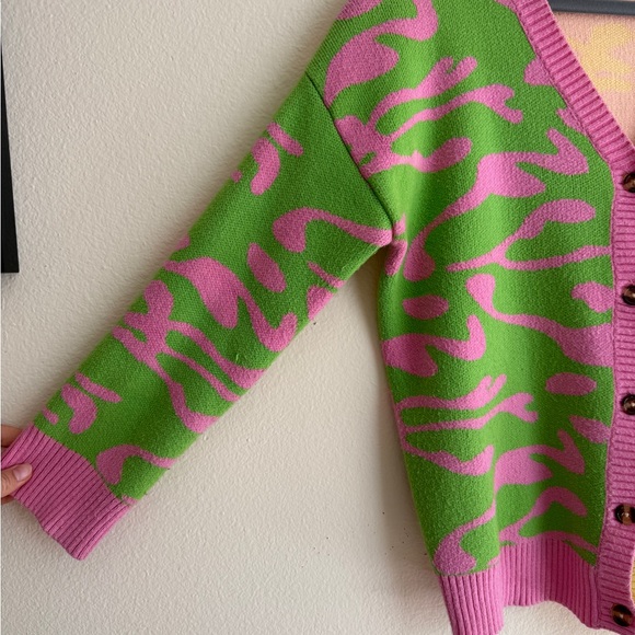Cider Colorblock Camo Knit Cardigan Pink Green Yellow Button Sweater M - Picture 2 of 4